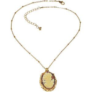 Gold-Plated Victorian Cameo Necklace Vintage Amber Pendant Bead Chain Gift Box